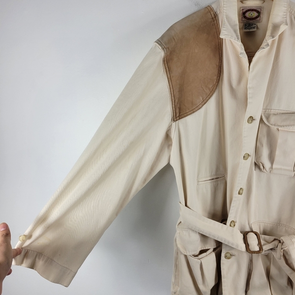 Vintage 80s Banana Republic Leather Patch Belted Button Up Utility Safari Jacket - Picture 3 of 12